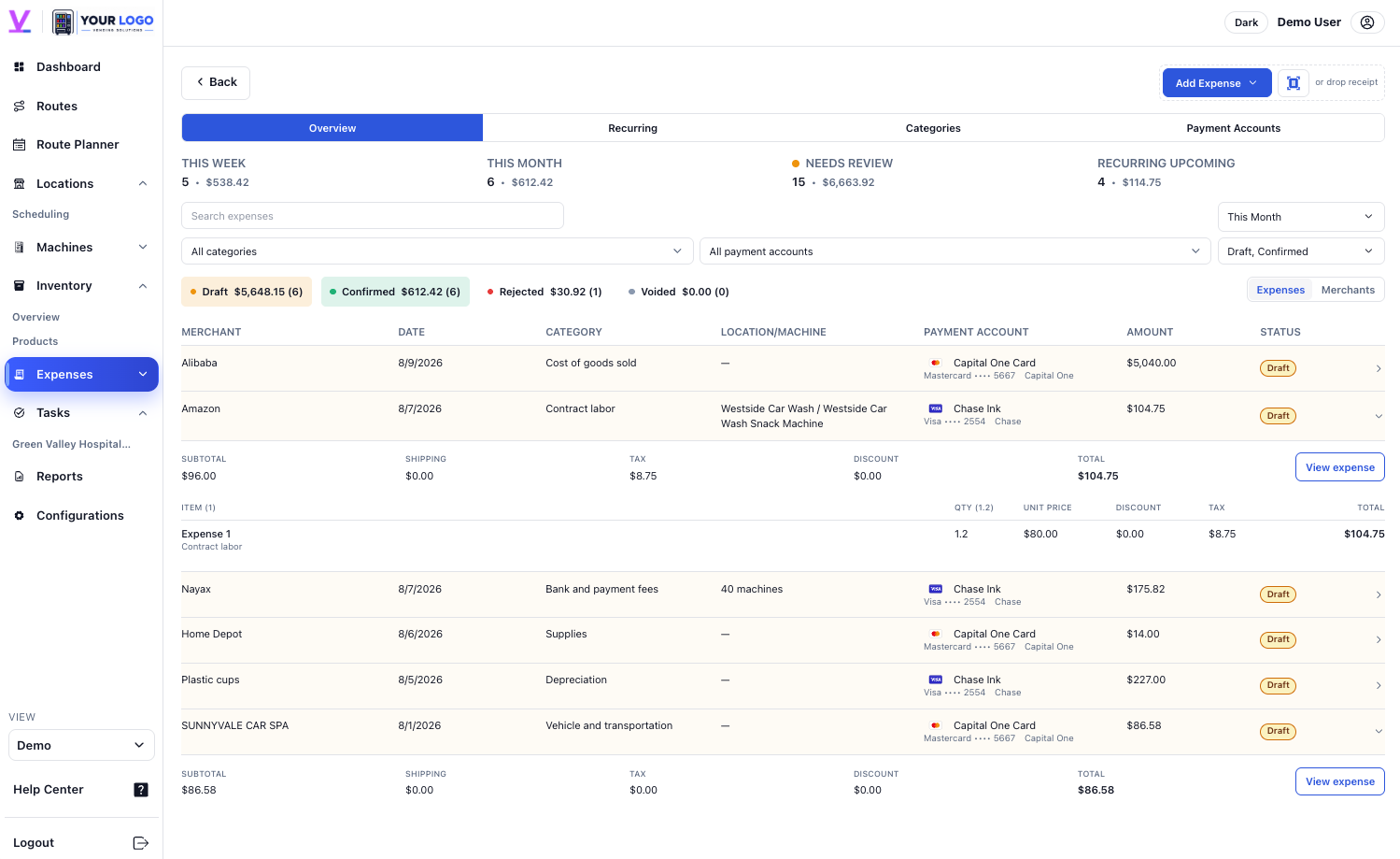 Vendistri expense management showing organized business expense records