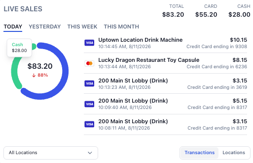 Vendistri live sales showing cash, card, and recent machine activity